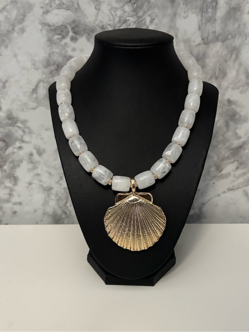 White Beaded Necklace with Gold Shell Pendant